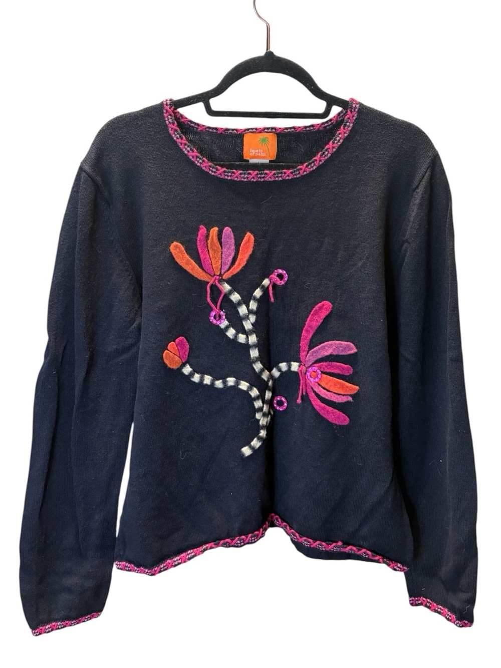 hearts of palm black Embroidered Floral Crewneck Sweater